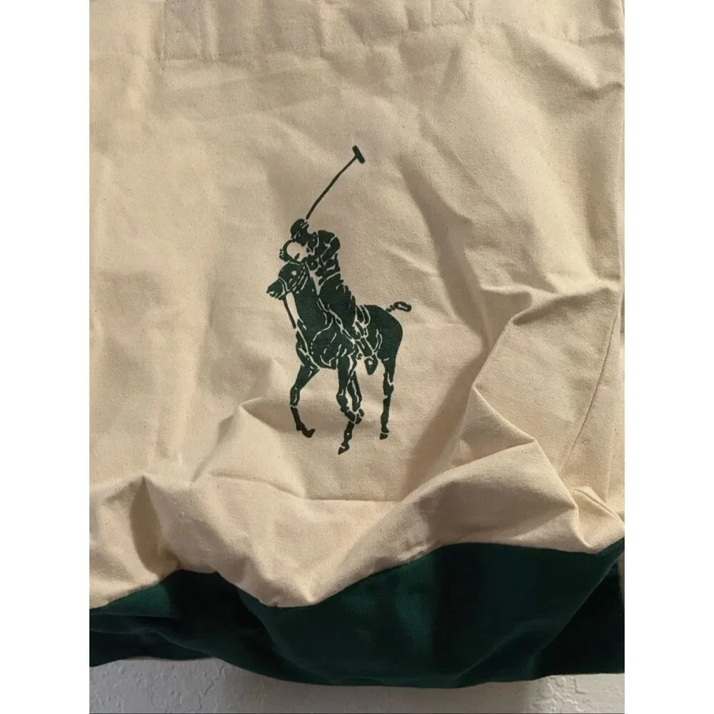 Polo Ralph Lauren Tote Bag 100% Cotton Canvas Green Logo Graphic Pony New - Picture 4 of 5